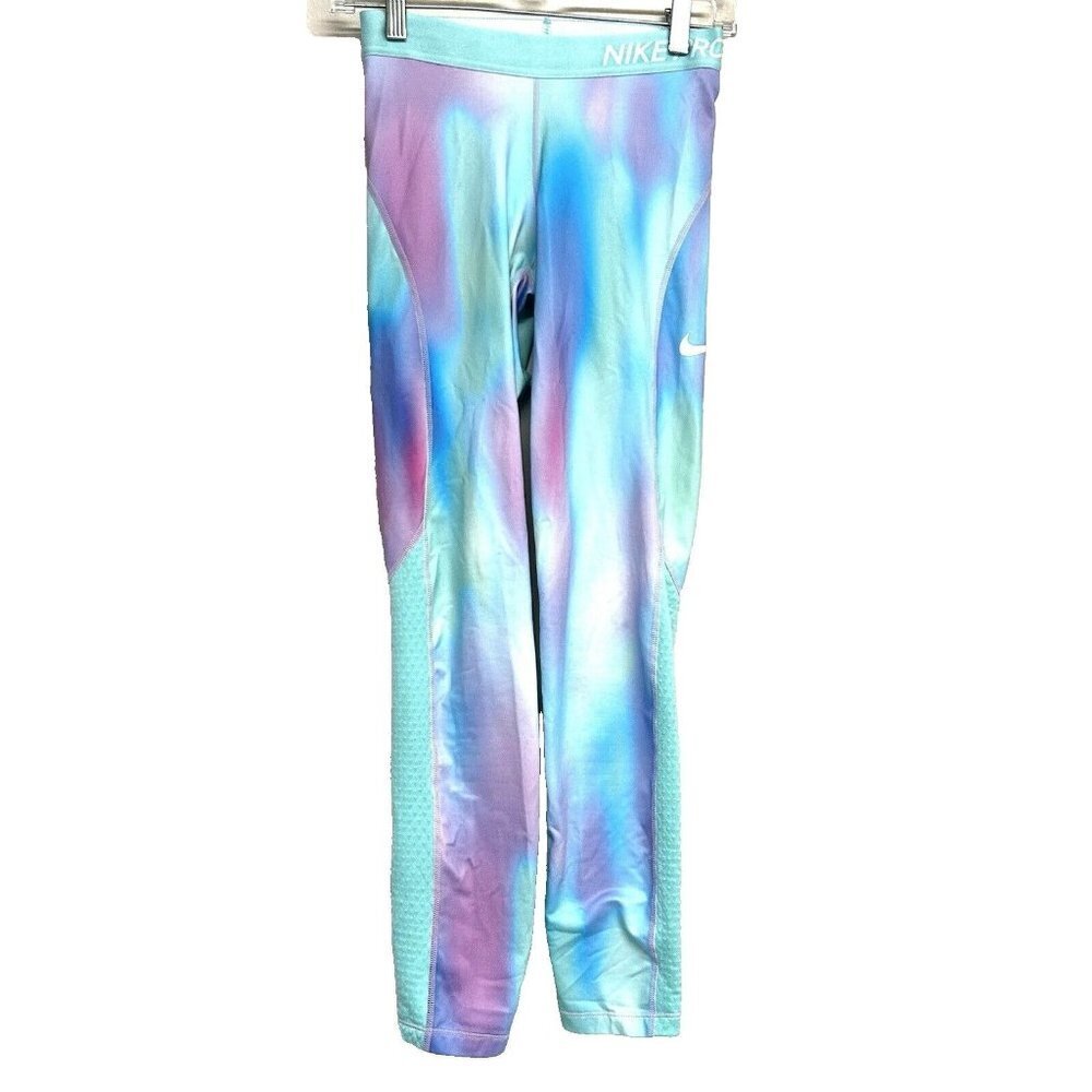 Nike Pro Warm Leggings Youth Girl's Sz XL Rainbow Active Gym Swoosh Textured EUC